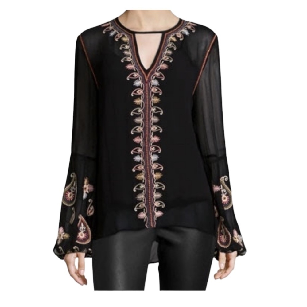 Love Sam Black Sheer Embroidered V-Neck Blouse with Pink & Gold Details